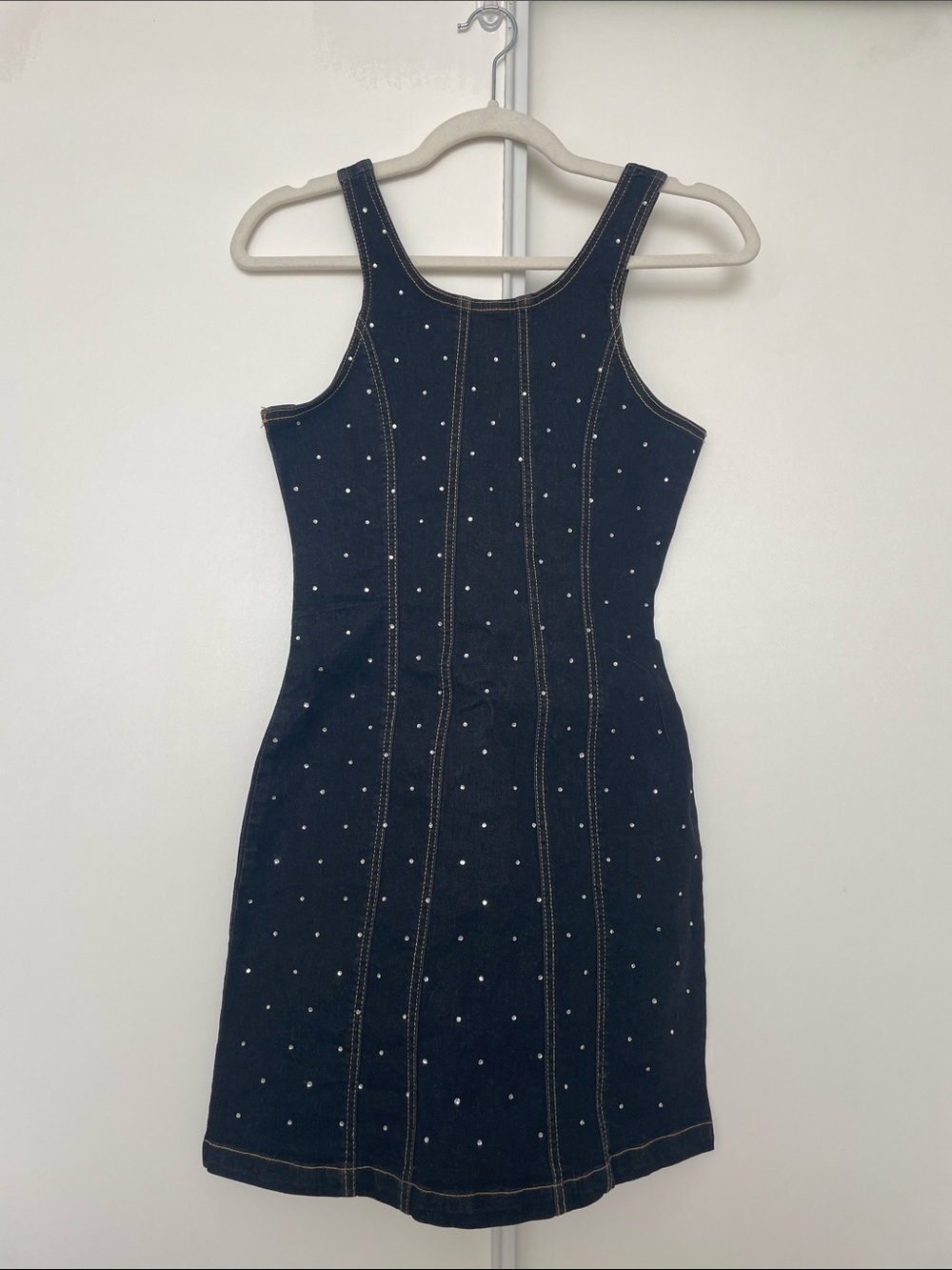bebe Black Studded Denim Tank Dress with Contrast Stitching